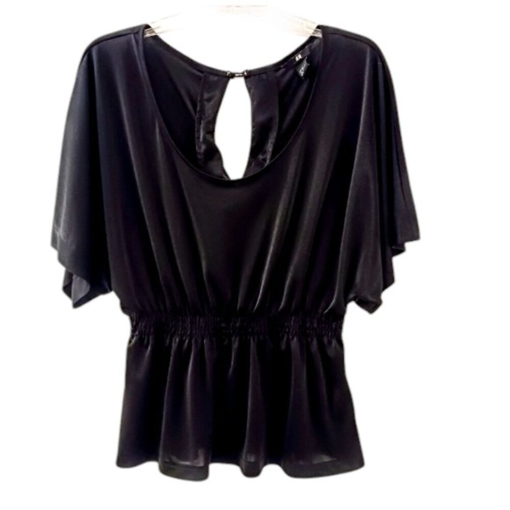 H&M Silky Oversized Flowy Blouse Sz S Black‎ Keyhole Cinched Waist Cocktail City